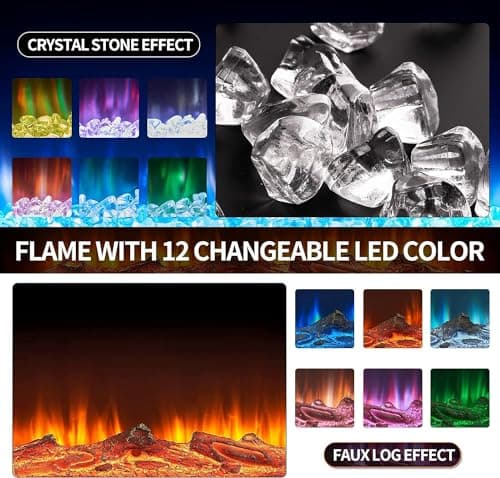 oneinmil Electric Fireplace, 50 inch Wide Recessed/Wall Mounted Electric Fireplace, Remote Control with Timer 12 Adjustable Color Flame, Remote Control,with Crystal Stone, 750/1500W