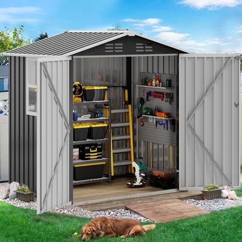DWVO 6x4ft Metal Outdoor Storage Shed with Window, Lockable Tool Storage Sheds, Steel Garden Sheds with Sloped Roof for Backyard, Patio, Garage, Lawn, Gray + White
