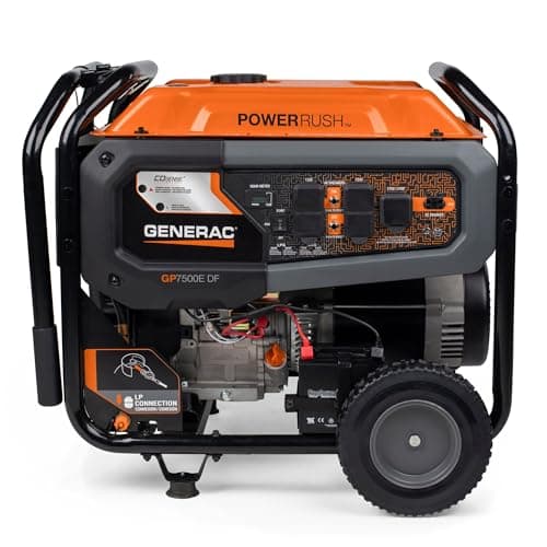 Generac 7,500-Watt Dual-Fuel Compatible Portable Generator - Gas and Propane - COsense Technology with Electric Start - PowerRush Advanced Technology - Reliable Power Solution - Home Use, Orange/Black