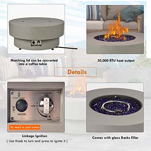 Propane Outdoor Fire Pit Table, Flint & Concrete Look 33-inch Round Patio Gas Fire Table 50,000 BTU w/Lid, Fire Glass, Heavy Duty Rain Cover, Pre-Attached 10ft Propane Hose