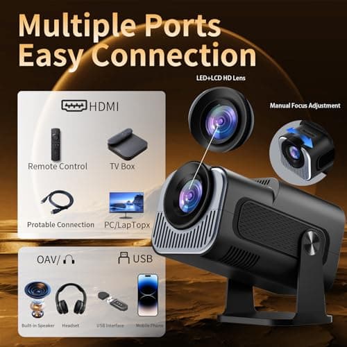 Projector 1080P Full HD, 4K Projector with 180° Rotation, Built-in App Portable Projector WiFi 6 & Bluetooth 5.2 Support,Featuring Auto Keystone Correction,HDMI/USB Connectivity Projector Black