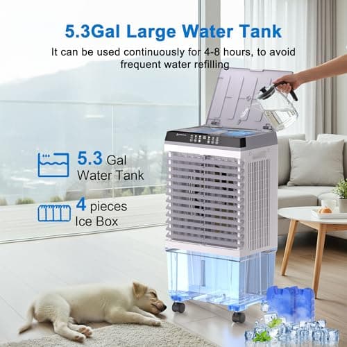 Swamp Cooler,1800CFM Portable Evaporative Air Cooler,Cooling Fan for Room Garage Patio,5.3 Gal Water Tank,3 Speeds,4 Ice Boxes,12H Timer,Remote