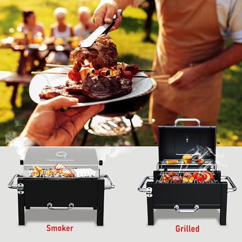 Portable Charcoal Grill, Tabletop Charcoal Grill, Small BBQ Grill with 2-layer Grates and Thermometer(100-800°F), Outdoor Charcoal Smoker for Camping, Picnic, Hiking, Beach and Travel