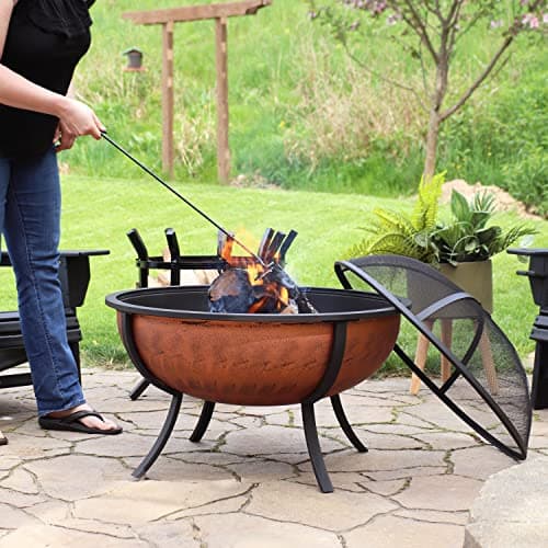 Sunnydaze 32-Inch Steel Fire Pit Bowl - High-Temperature Copper Finish Wood Burning Fire Pit with Screen, Wood Grate, and Poker