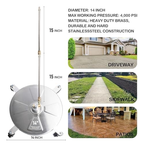 Hourleey 14" Pressure Washer Surface Cleaner, Stainless Steel Surface Cleaner with 4 Wheels for Concrete, Patio, Sidewalk, Deck, Pathway 1/4" Quick Connector, 2 Extension Wand, 4000 PSI