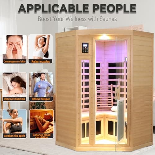 2-3 Person Corner Sauna, Infrared Saunas for Home, Chromotherapy, Canadian Hemlock Sauna, Indoor Sauna with Red Light Therapy