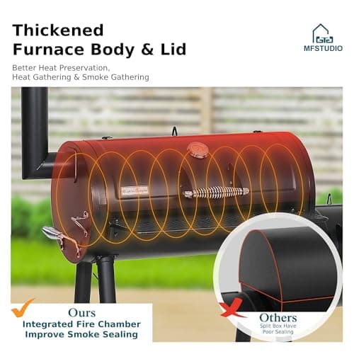 MFSTUDIO Heavy Duty Charcoal Wood Offset Outdoor Smoker Grill, Charcoal Grill with Smoker Combo for BBQ Grilling, 512 SQ.IN.