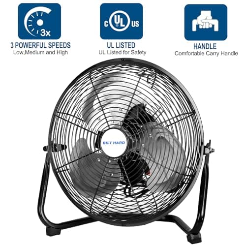 BILT HARD 12" 3-Speed High Velocity Heavy Duty Metal Floor Fan, 1680 CFM, 180-Degree Tilt, Powerful Airflow Fan for Home, Bedroom, Residential Use