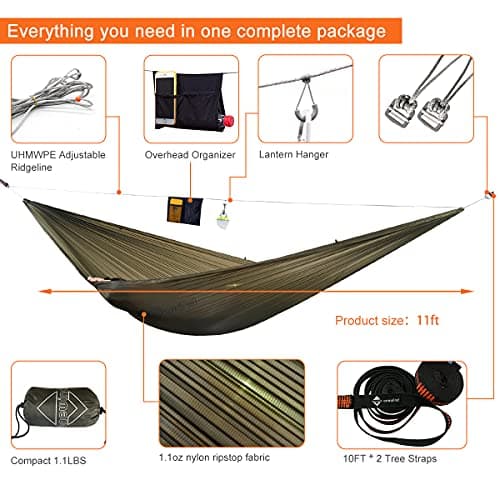 Onewind Camping Hammock, Ultralight Portable Hammock with Adjustable Ridgeline, Outdoor Hammock 20D Ripstop Nylon with 2 * 12Ft Tree Strap, Ideal for Camping, Hiking, Backpacking