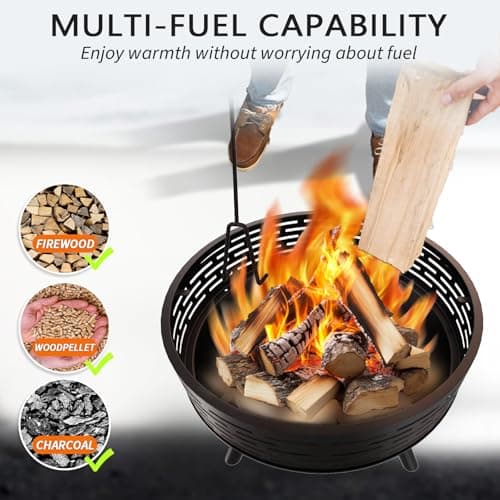 3-in-1 Fire Pit with Grill & Lid, 23" Outdoor Fire Pit Table, Cast Iron Wood Burning Firepit, Heavy Duty Fire Bowl for Outside Patio, Backyard Fireplaces, Large BBQ Pit Table with Fire Poker