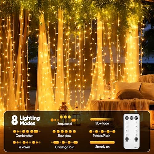 Brightown 300 LED Curtain String Lights, 9.8 FT Hanging Fairy Lights with Remote, 8 Modes, Connectable Waterproof Window Lights for Bedroom Backdrop Wedding Outdoor Christmas Party, Warm White