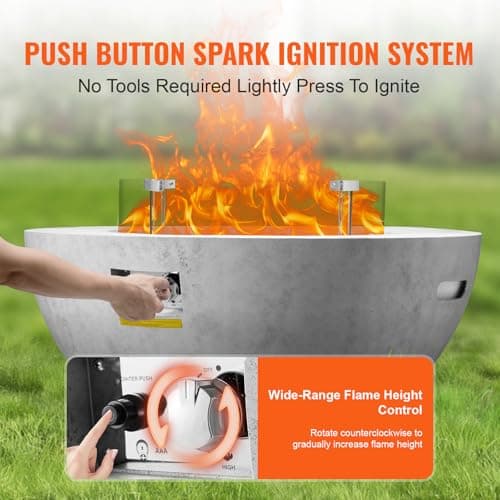 VEVOR Propane Fire Pit, Outdoor Concrete Gas Fire Pit, 39 in Tabletop with Lava Rocks, Lid,Rain Cover,Adjust Flame Height Camping Firepit for Heating, Lighting, 50000 BTU