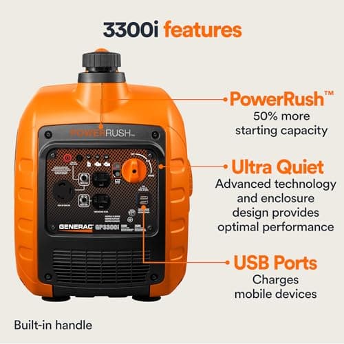 Generac 3,300-Watt Gas-Powered Portable Inverter Generator - Lightweight Design - USB Ports for Mobile Device Charging - COsense Technology - Perfect for Home use - Orange/Black