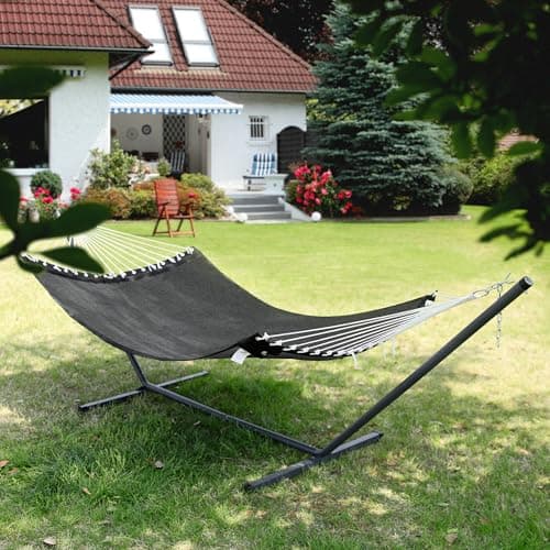 Patio Watcher 13 FT Quick Dry Olefin Hammock - Outdoor Double Hammock with Metal Curved Spreader Bars - 450 lbs Capacity - Dark Grey
