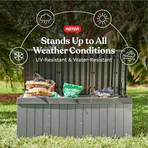 Keter Darwin 100 Gallon Resin Large Deck Box Organization and Storage for Patio Furniture, Outdoor Cushions, Garden Tools, Grey & Black