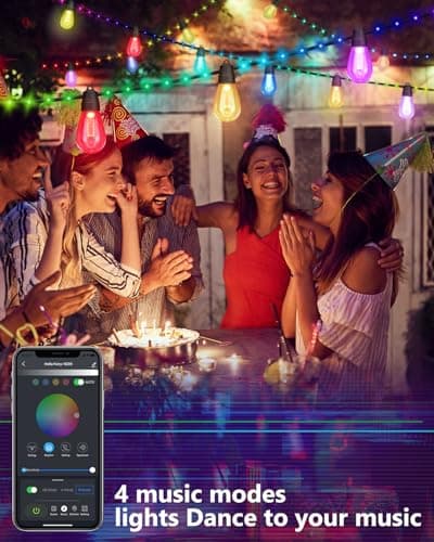 Flacchi Smart Patio Lights with Rope Fairy - 46ft Smart S14 String Lights, Waterproof Shatterproof Bluetooth APP Remote Control Dimmable for Balcony, Backyard, Party, Holiday (RGB & Warm White)
