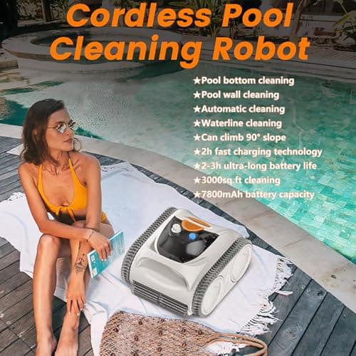 Multifunctional Pool Robot for Inground Pools Wall Floor Waterline Cleaning, 65-140W Powerful Suction Last 150 Mins, Built-in 7800 mAh Battery, 2h Fast Charge, Pool Cleaner Vacuum up to3500 sq.ft