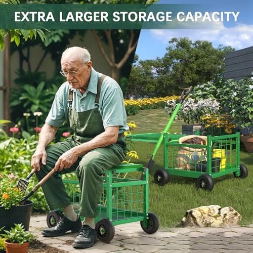 FLINTER Rolling Garden Work Seat with Wheels, Heavy Duty Gardenning Cart with Seat - Garden Rolling Cart Stools w/Wheels for Seniors