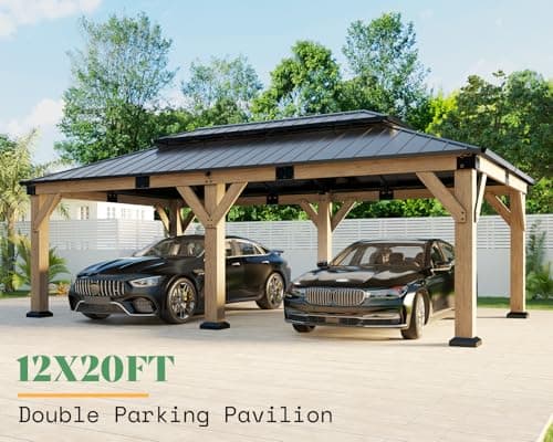 AMERLIFE 12x20 ft Hardtop Gazebo, Solid Wood Gazebo with Iron Double Roof, Outdoor Pergola with Wood Frame for Garden, Porch, Patio, Charcoal Gray + Brown Gray