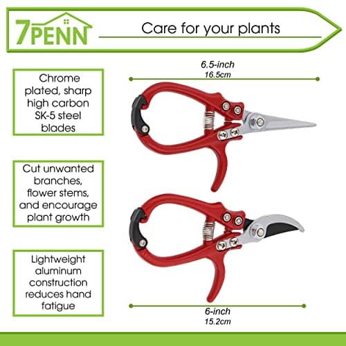 7Penn Garden Pruning Shears - 2pc Straight and Curved Sharp Blade Gardening Hand Tools with Red Ergonomic Grip Handles