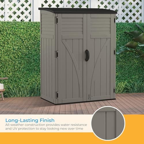 Suncast 54 Cubic Ft. Vertical Resin Outdoor Storage Shed with Lockable Double Doors, Weather-Resistant Multi-Wall Panels, Customizable Shelving, Stoney, Made in the USA