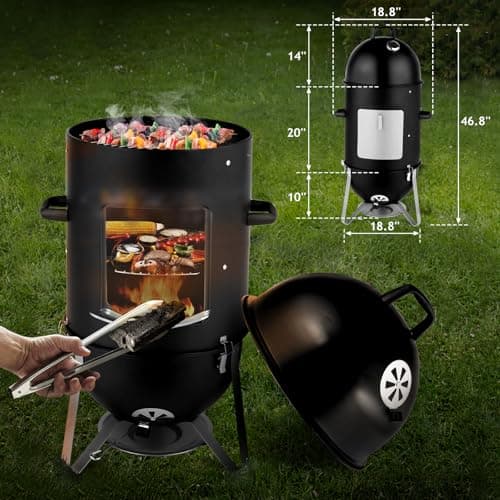 Outvita Vertical 18.8 Inch Steel Charcoal Smoker, Heavy Duty 3-in-1 Portable Outdoor Grill Cooker with Built-in Thermometer for Outdoor Backyard Cooking Grilling Camping