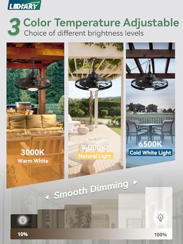LEDIARY 20" Outdoor Ceiling Fan with Lights,IP65 Waterproof Gazebo Hanging Fan with Remote Control Smart App, Plug in Caged Ceiling Fan with 3CCT 6-Speeds for Patio Porch Pergola(Black)