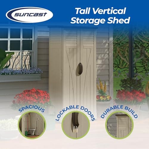 Suncast 22 Cubic Feet Capacity Tall Plastic Vertical Outdoor Shed for Garden, Backyard, Patio, or Pool Supplies Storage, Brown