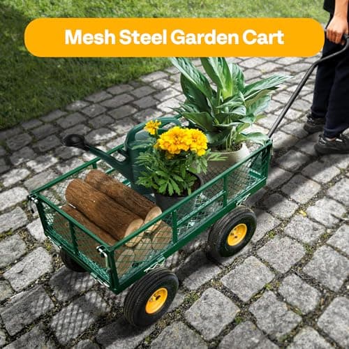 VIVOHOME Heavy Duty 880 Lbs Capacity Mesh Steel Garden Cart Folding Utility Wagon with Removable Sides and 4.10/3.50-4" Wheels 10 Inch Tire(Green)