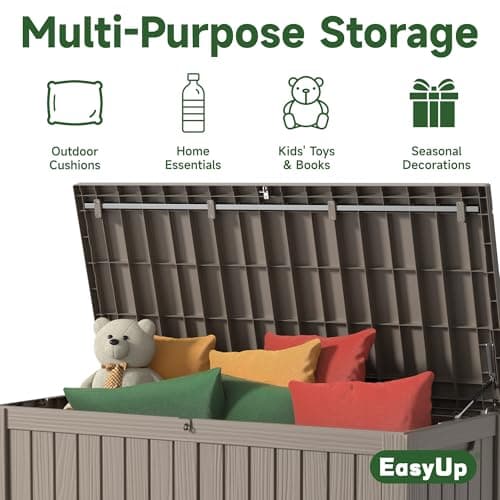 150 Gallon Outdoor Storage Box, Resin Waterproof UV-Resistant Deck Box with Hydraulic Lid Support, Reinforced Stability for Patio, Garden, and Poolside, Striped Beige