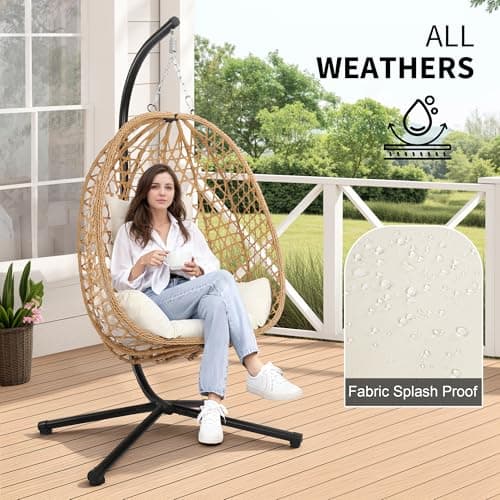Egg Chair with Stand, Patio Wicker Hanging Chair, Hammock Swing Chair, 350LBS Capacity for Bedroom, Balcony, Garden (YE-BE)