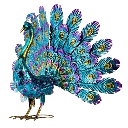 Alpine Corporation - 23" Tall Outdoor Metallic Peacock Tail Spread Yard Statue – Vibrant Garden Sculpture for Patio, Lawn, or Entryway (Multicolor)
