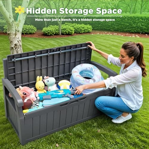 Greesum 80 Gallon Storage Bench Outdoor Deck Box with Armrest, Patio Furniture,Lockable, Waterproof and UV Resistant, Suitable for Garden, Pool, Grey