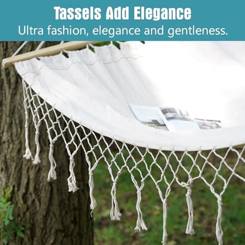 Double White Natural Canvas Handmade Hammock Beautiful Boho Style, Brazilian Deluxe Hammock Bed of Indoor Bedroom or Outdoor Tree, Patio, Porch, Yard, Beach for Camping, Hiking, Travel, Decor