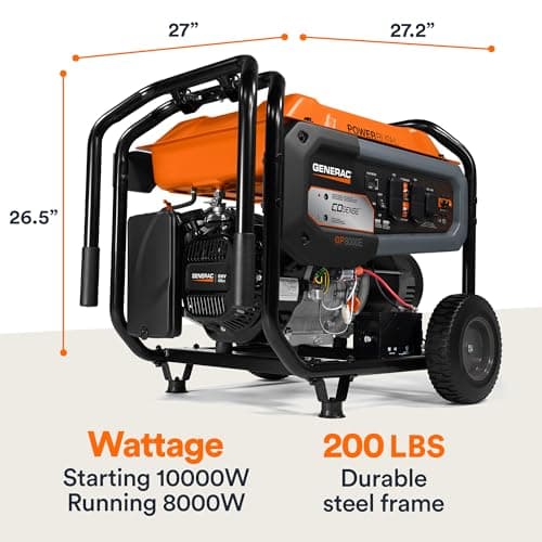 Generac 8,000-Watt Gas-Powered Portable Generator - Electric Start with COsense - PowerRush Advanced Technology - Reliable Power for Emergencies, Recreation, Home - 49 State Compliant - Orange/Black