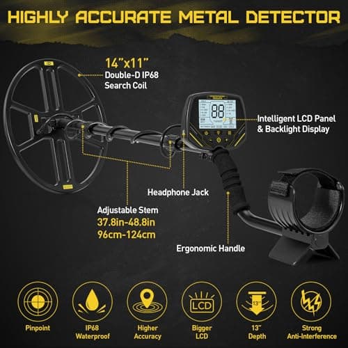 14" Metal Detector for Adults Professional, Double-D Metal Detectors with Higher Sensitivity, Waterproof Metal Detector with IP68 Search Coil, DISC & Pinpointer Metal Detector Modes