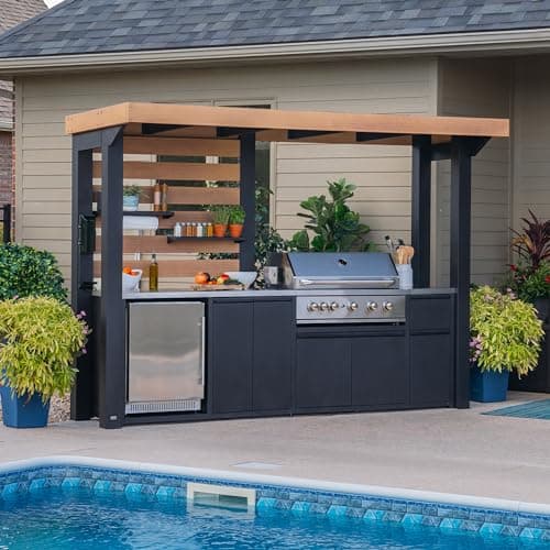 Backyard Discovery Fusion Flame Galvanized Steel Covered Outdoor Kitchen with 5-Burner Stainless Steel Grill, Refrigerator, Countertop, Storage, and Steel Roof for All-Season Outdoor Cooking