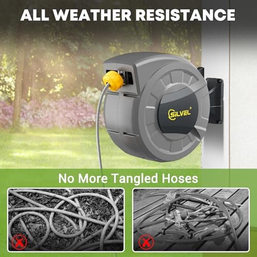 SILVEL Retractable Garden Hose Reel, 1/2 in x 110 ft Wall Mounted Garden Hose Reel, with 10 Pattern Nozzle, Any Length Lock, Slow Return System, 180°Swivel Bracket