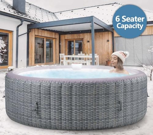 82" Inflatable Hot Tub with 130 Bubble Jets, Rattan Portable Outdoor Spa for 4-6 Adults, Smart Heating up to 104°F, Build in FastFill System, 6 Replaceable Filters (Round Laminated PVC)
