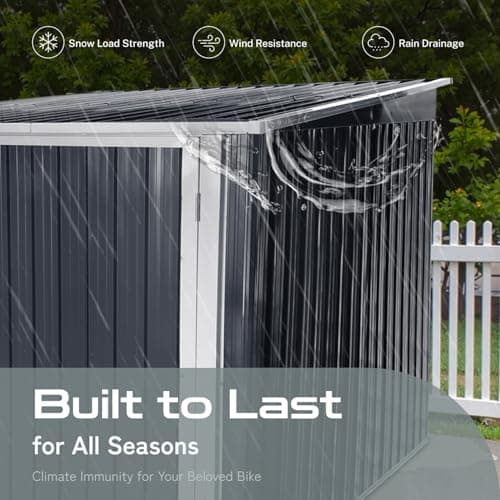 6’ x 6’ Bike Storage Shed, Bicycle Metal Shelter & Garage w/ 4 Rails and Lockable Door, Heavy Duty Bicycle Storage Shed for All Weather, Anthracite with White Trim