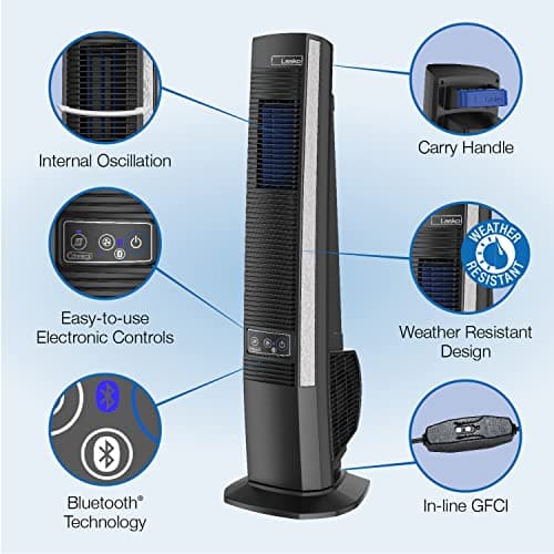 Lasko 42" Portable Outdoor Tower Fan with Bluetooth Technology for Decks, Patios and Porches with 4 Speeds, Night Mode, Internal Oscillation, Black, YF200, Large