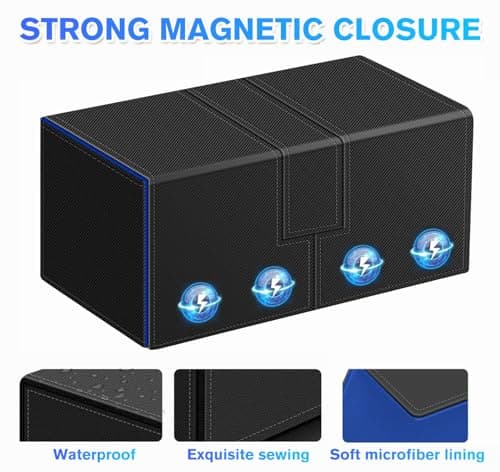 Card Deck Case for Trading Cards, Deck Storage Box for 200 Single Sleeved Cards Large Twin Flip Deck Case with 1 Storage Dice & 2 Trays Fits EDH/YuGiOh/MTG/TCG/CCG (Small-Black&Blue)
