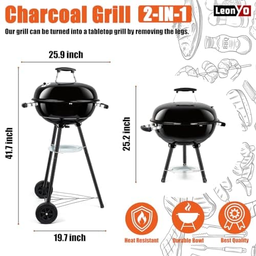 18 Inch Kettle Charcoal Grill, Leonyo Outdoor Barbecue Kettle Grill, Portable Round Smoker with Wheels, Porcelain-Enameled Lid & Fire Bowl, Perfect for Camping/Backyard/Tabletop Cooking/BBQ Party