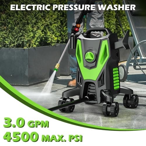 Electric Pressure Washer - 4500PSI 3.0GPM Power Washer with 500ML Foam Cannon, 4 Nozzle Tips, with 4-Wheel Anti-Tip Technology, 360° Swivels High Pressure Cleaning Machine for Cars, Driveways, Patios