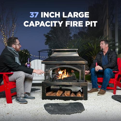 Red Mountain Valley 37" Fire Pits with Wood Storage for Outside, Large Wood Burning Outdoor Fireplace with Chimney, Mesh Spark Screen & Fire Poker, Idea for Backyard, Patio, Party, Camping, Picnic
