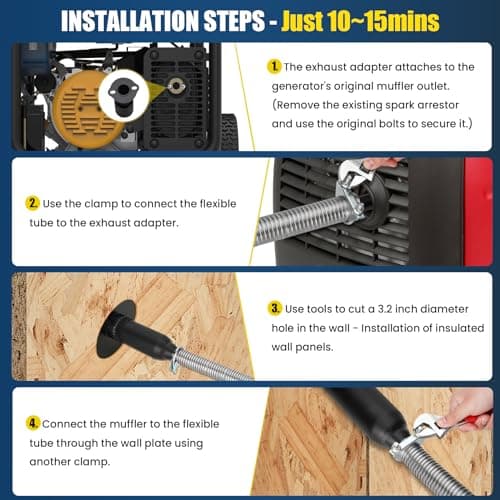 Generator Exhaust Extension Silencer Kit with Three Universal Adapters Compatible ALL Portable Generators with ALL-IN-ONE KIT,Insulated Through-Wall Mounting Plate Safely Vent Exhaust Reduce Noise 55%