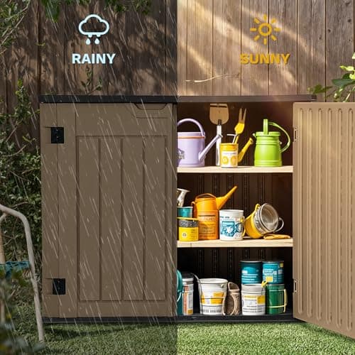 DWVO 35 Cuft Outdoor Horizontal Storage, Waterproof Resin Storage Shed with Floor and Multiple Accesses for Garden Tools, Easy Assembly, Brown (No Shelf Included)