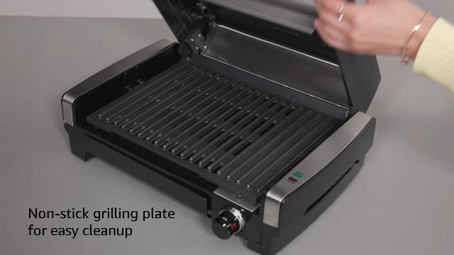 Hamilton Beach Electric Indoor Searing Grill with Viewing Window & Adjustable Temperature Control to 450F, 118 sq. in. Surface Serves 6, PFAS-Free Removable Nonstick Grate, Stainless Steel