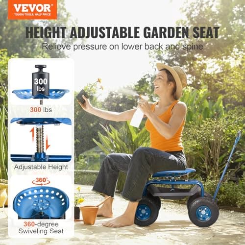VEVOR Rolling Garden Work Seat with Wheels, Gardening Stool for Planting, 360 Degree Swivel Seat, Garden Scooter with Steering Handle & Tool Tray, Garden Chair for Outdoor, Patio and Yard, Blue