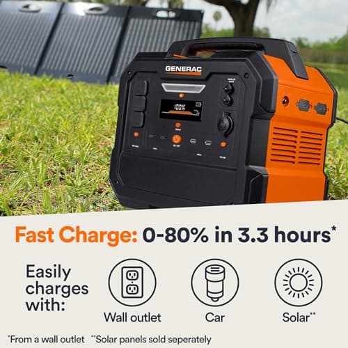 Generac 2106Wh Portable Power Station with Lithium-Ion Battery - Clean, Emission-Free Power - Wirless Charging Pad and Compact Design - Camping, RV, Indoor/Outdoor Use - Orange/Black